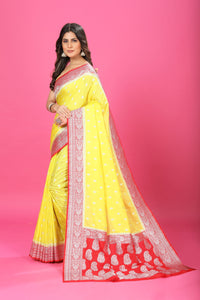 Lemon Yellow-Red Katan Georgette Silk