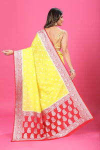 Lemon Yellow-Red Katan Georgette Silk