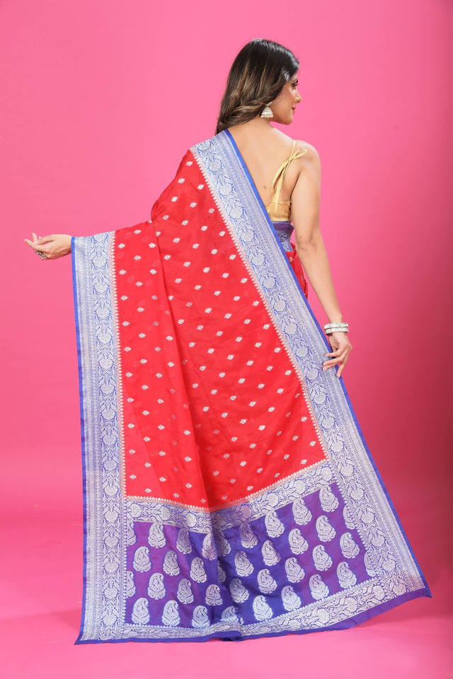 Red - Blue Katan Georgette Silk