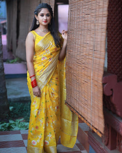 Yellow minakari Banaras Soft Georgette Jaal silk - AbirabyBeena