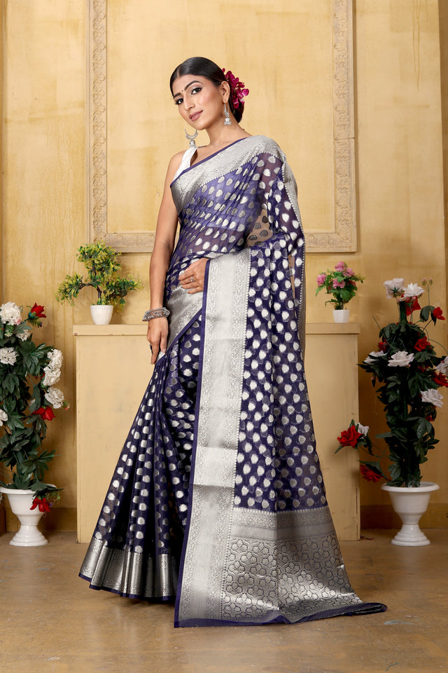 Navy Blue Banaras Kora Organza silk - AbirabyBeena