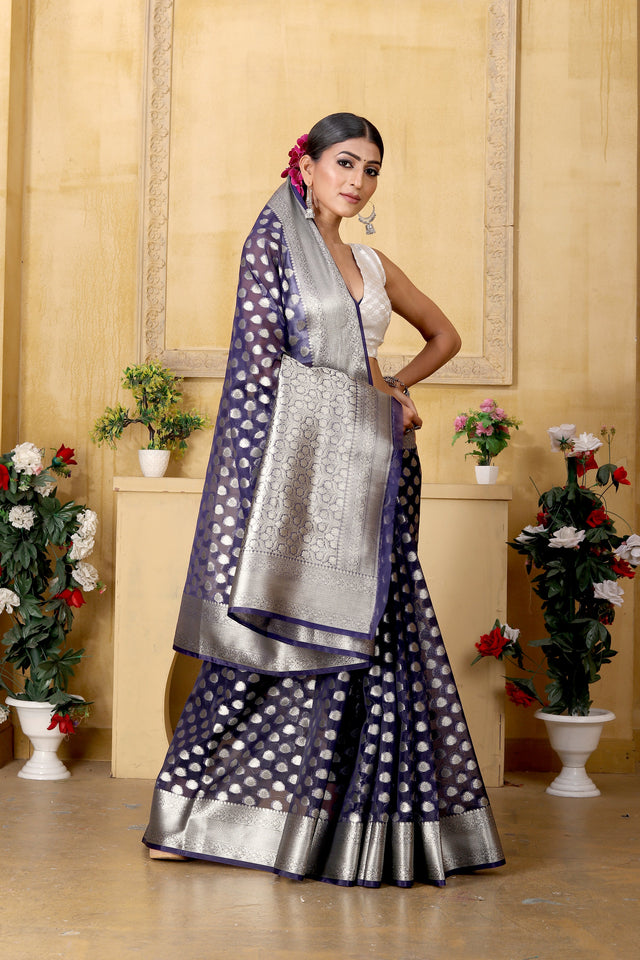 Navy Blue Banaras Kora Organza silk - AbirabyBeena