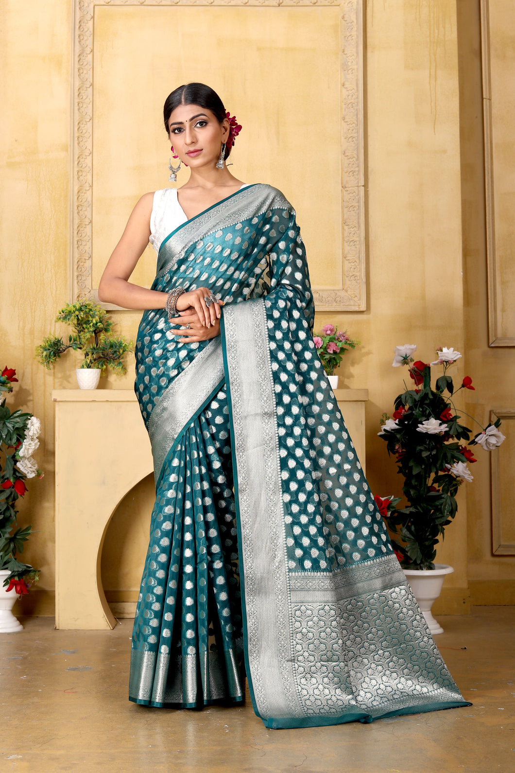 Turquoise Banaras Kora Organza silk - AbirabyBeena