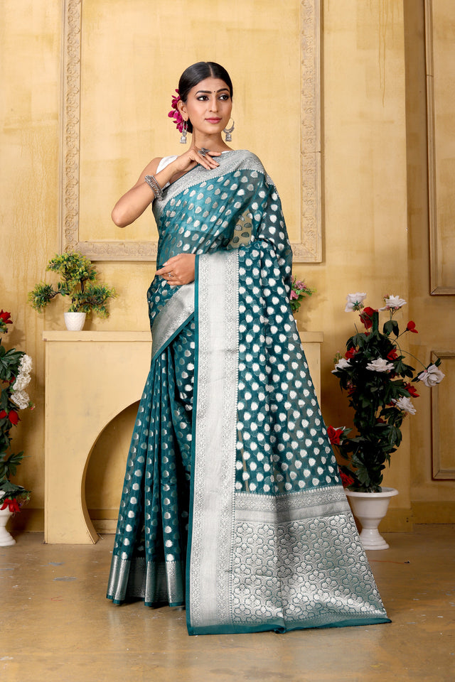 Turquoise Banaras Kora Organza silk - AbirabyBeena