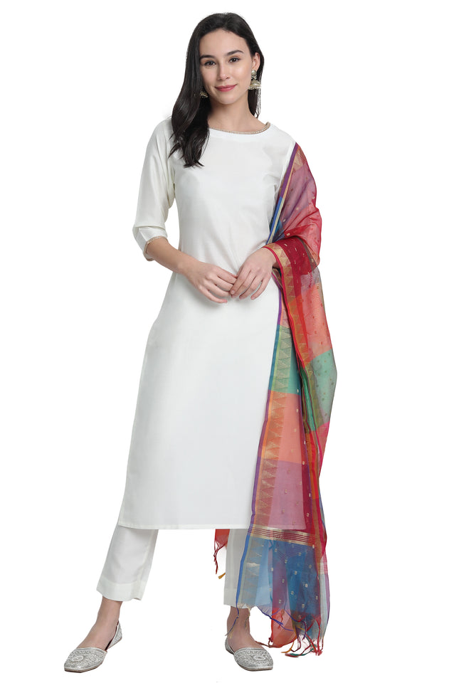 Off-White Poly Silk Solid Kurta With Pant And Dupatta