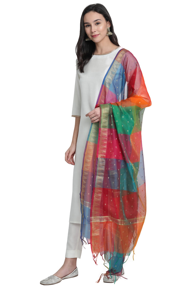 Off-White Poly Silk Solid Kurta With Pant And Dupatta