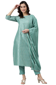 Green Poly Silk Striped Kurta With Pant And Dupatta