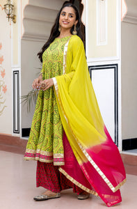 Lime Green Cotton Embellished Floral Printed Kurta With Flared Palazzo And Dupatta