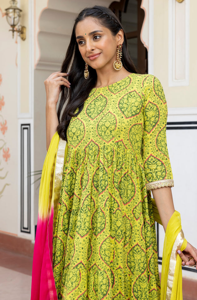 Lime Green Cotton Embellished Floral Printed Kurta With Flared Palazzo And Dupatta