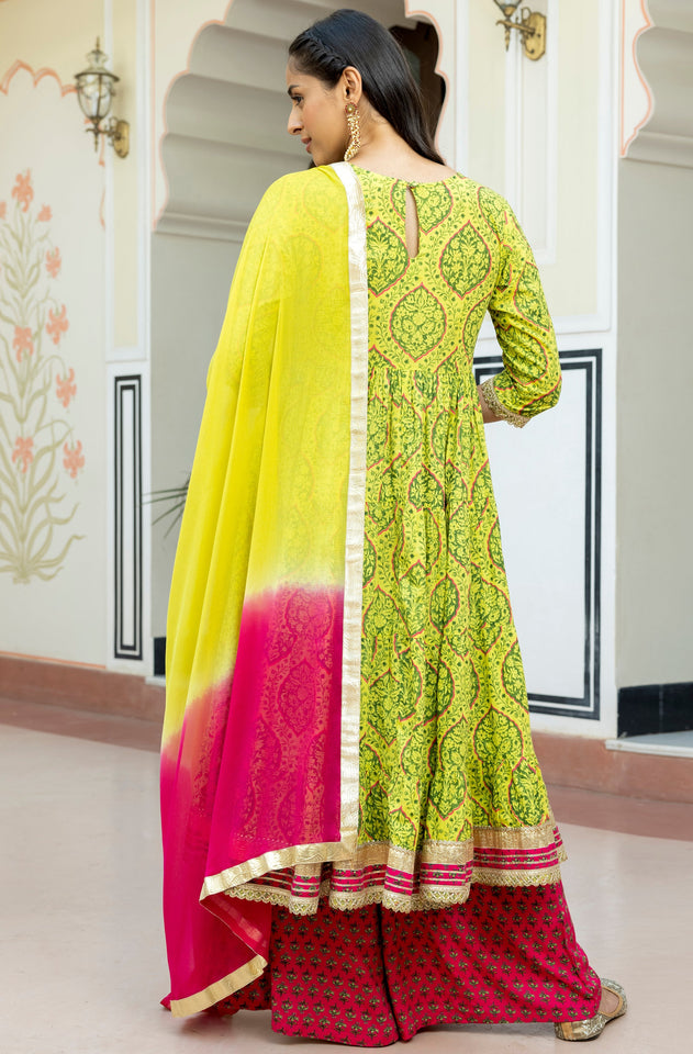 Lime Green Cotton Embellished Floral Printed Kurta With Flared Palazzo And Dupatta