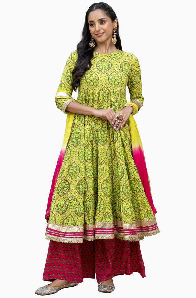 Lime Green Cotton Embellished Floral Printed Kurta With Flared Palazzo And Dupatta