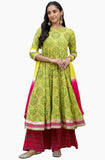 Lime Green Cotton Embellished Floral Printed Kurta With Flared Palazzo And Dupatta