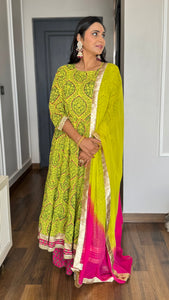 Lime Green Cotton Embellished Floral Printed Kurta With Flared Palazzo And Dupatta