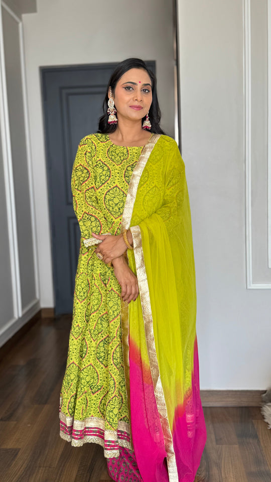 Lime Green Cotton Embellished Floral Printed Kurta With Flared Palazzo And Dupatta