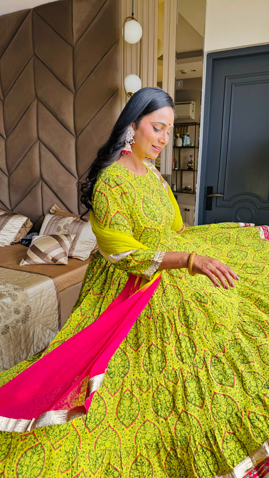 Lime Green Cotton Embellished Floral Printed Kurta With Flared Palazzo And Dupatta