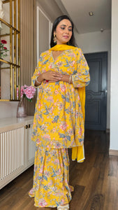 Yellow Georgette Digital Floral Printed Kurta With Sharara And Dupatta