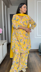 Yellow Georgette Digital Floral Printed Kurta With Sharara And Dupatta