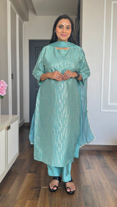 Green Poly Silk Striped Kurta With Pant And Dupatta