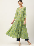 Green & Blue Ethnic Printed Pure Cotton Gotta Patti Anarkali Kurta - AbirabyBeena