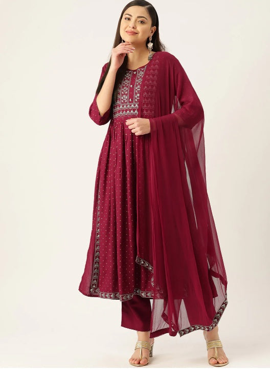 Maroon Anarkali Kurta set with Dupatta - AbirabyBeena