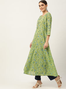 Green & Blue Ethnic Printed Pure Cotton Gotta Patti Anarkali Kurta - AbirabyBeena