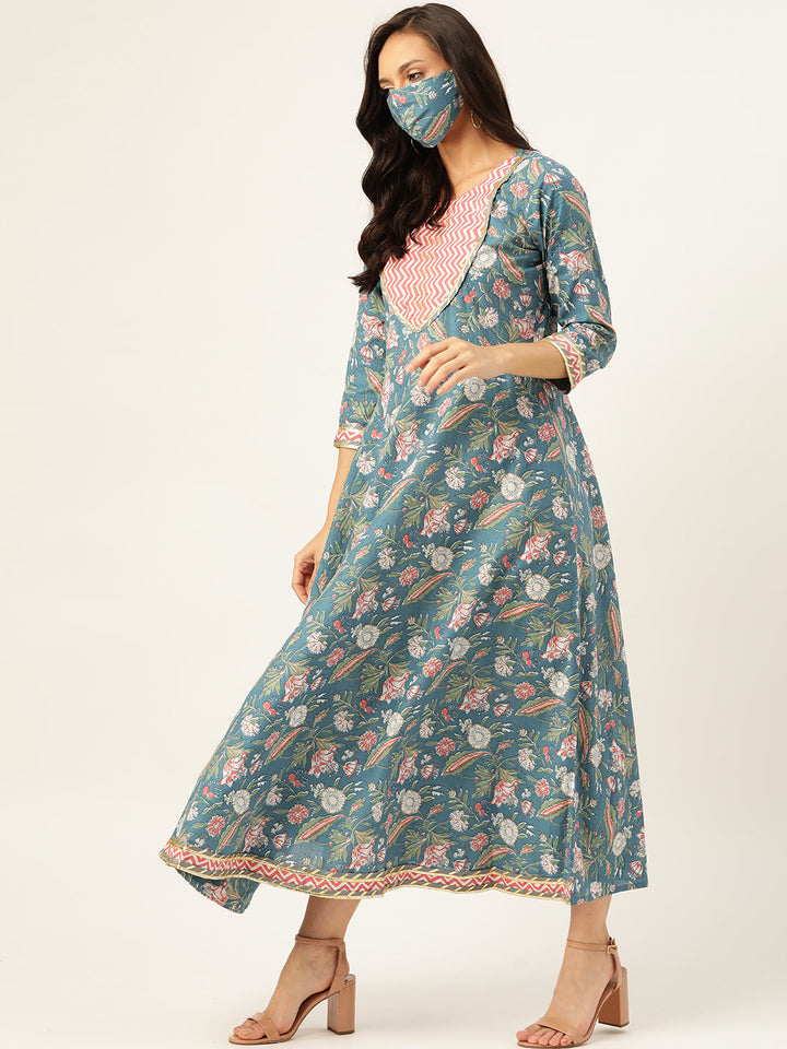 Women Blue & White Flared Kurta With Dupatta - AbirabyBeena