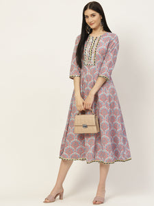 Blue & Pink Printed Fit & Flare Dress - AbirabyBeena