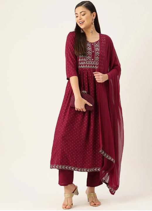 Maroon Anarkali Kurta set with Dupatta - AbirabyBeena