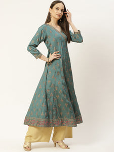 Green Printed & Embroided Rayon Anarkali - AbirabyBeena