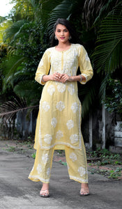 Yellow Modal Silk Hastakarigari Chikankari Kurta Pant(Set of 2) - Craftystyles